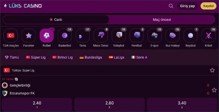 Canlı Süper Lig maçı Spor bölümünün Canlı sekmesinde Futbol seçili; Süper Lig'de Gençlerbirliği - Erzurumspor FK 0-0 iken 1, X, 2 oranları 2.40, 2.80 ve 3.40.