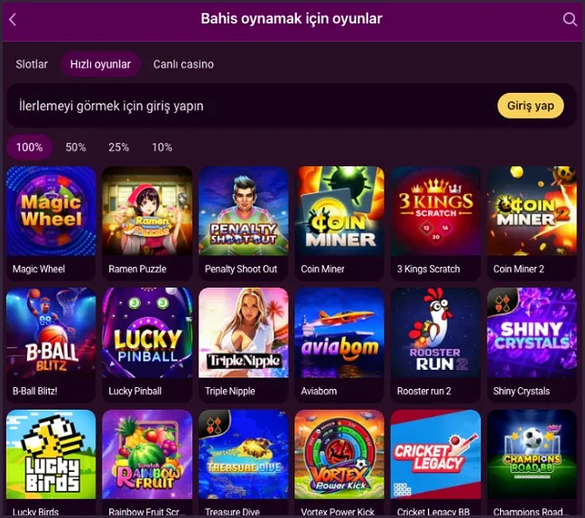 Hızlı oyunlar sekmesinde Magic Wheel, Ramen Puzzle, Penalty Shoot Out ve Coin Miner kapakları, üstünde ilerleme için giriş yapma uyarısı var.