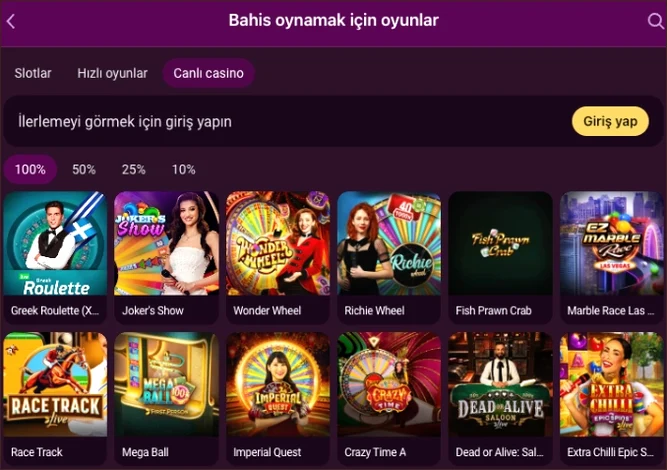 Bahis oynamak için oyunlar ekranının Canlı casino sekmesi Greek Roulette, Joker's Show, Wonder Wheel ve Mega Ball gibi masaları sıralıyor.