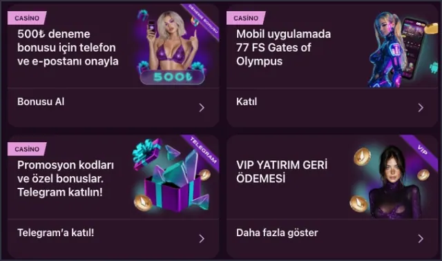 Dört promosyon kartı yan yana: 500₺ deneme bonusu, mobil uygulamada Gates of Olympus için 77 FS, Telegram promosyon kodları ve VIP geri ödeme.