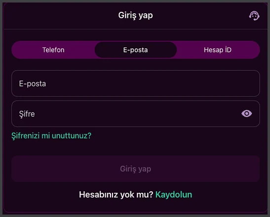 Giriş yap formunda E-posta sekmesi seçili; Şifre alanı, soluk Giriş yap düğmesi ve Hesabınız yok mu? Kaydolun satırı sıralanıyor.