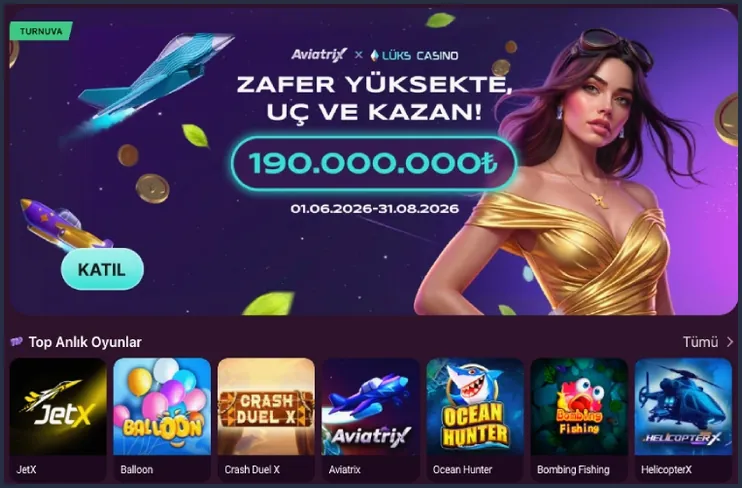 Aviatrix turnuvası afişinde ZAFER YÜKSEKTE, UÇ VE KAZAN! yazısı, 190.000.000₺ ödül, 01.06.2026-31.08.2026 tarihleri ve KATIL düğmesi var.