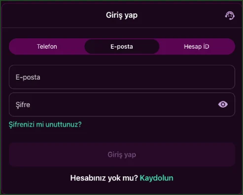 Giriş yap penceresinde Telefon, E-posta ve Hesap İD sekmeleri, E-posta ile Şifre alanları ve Şifrenizi mi unuttunuz? bağlantısı yer alıyor.