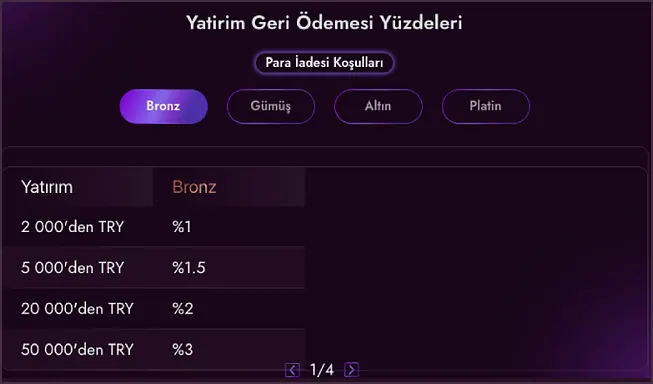 Yatırım Geri Ödemesi Yüzdeleri tablosunun Yatırım ve Bronz sütunlarında %1 ile %3 arası oranlar, altında 1/4 sayfa okları görünüyor.