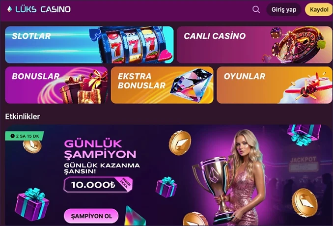 Slotlar, Canlı Casino, Bonuslar, Ekstra Bonuslar ve Oyunlar kutucukları üstte; altta Günlük Şampiyon afişi ile Şampiyon Ol düğmesi yer alıyor.