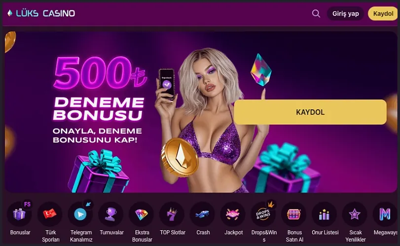 Deneme bonusu afişi Ana sayfa afişinde ONAYLA, DENEME BONUSUNU KAP! cümlesi ve sarı Kaydol düğmesi, altında kategori kısayolları sırası görünüyor.