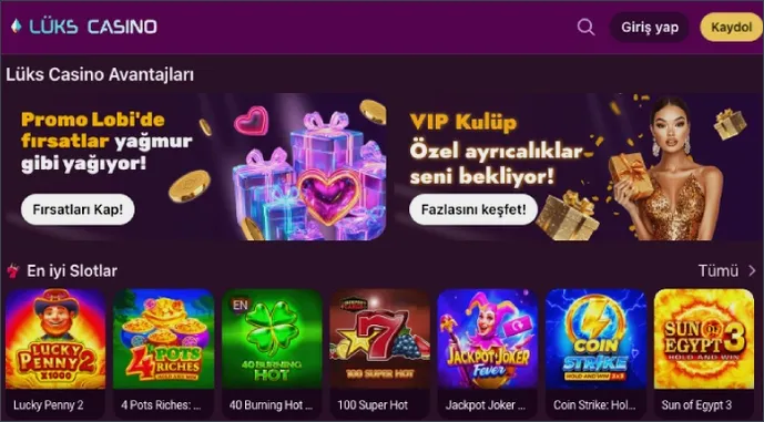 Lüks Casino Avantajları başlığı altında Promo Lobi ve VIP Kulüp afişleri, hemen ardından en iyi slotlar sırası geliyor.