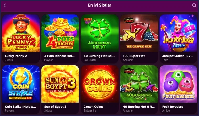En iyi slotlar En iyi Slotlar sayfası iki satırda Lucky Penny 2, 4 Pots Riches, 100 Super Hot, Coin Strike ve Sun of Egypt 3 oyunlarını listeliyor.